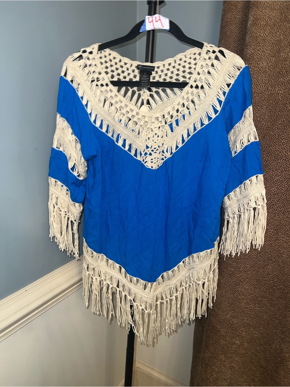 new directions Blue Tunic with Cream Crochet Fringe